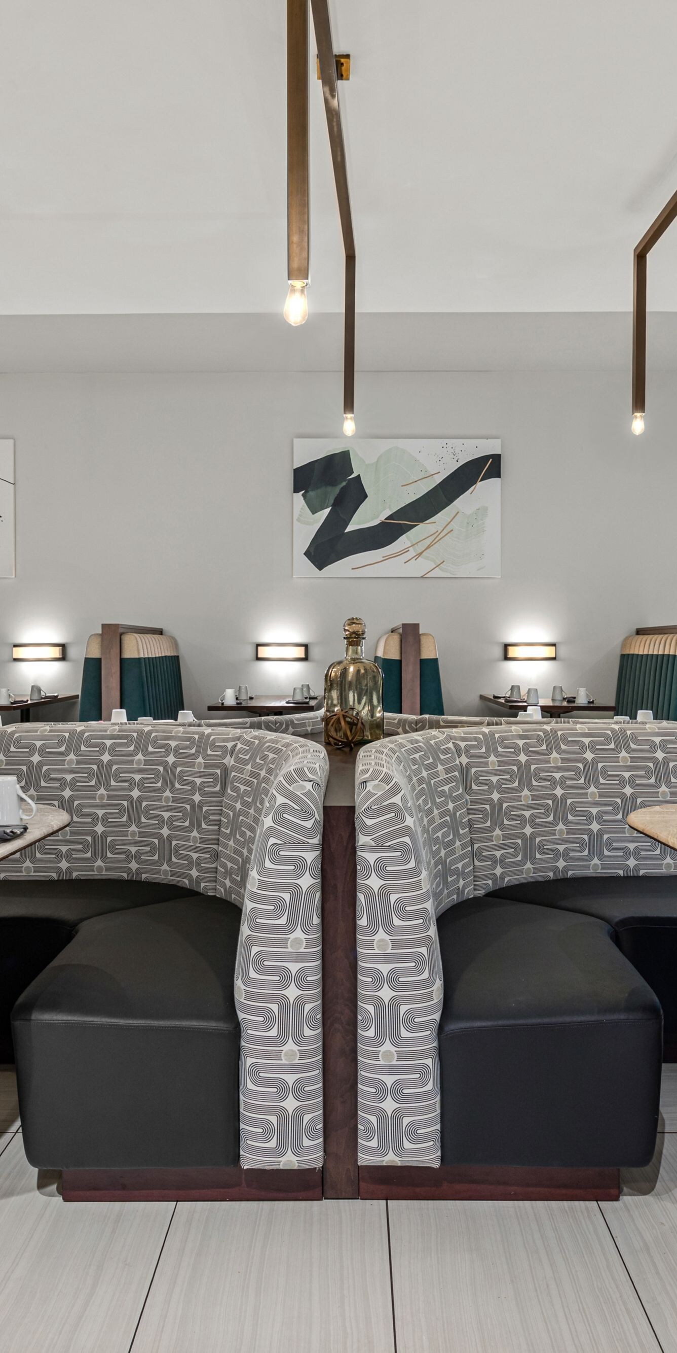 Restaurant dining room with booths and tables