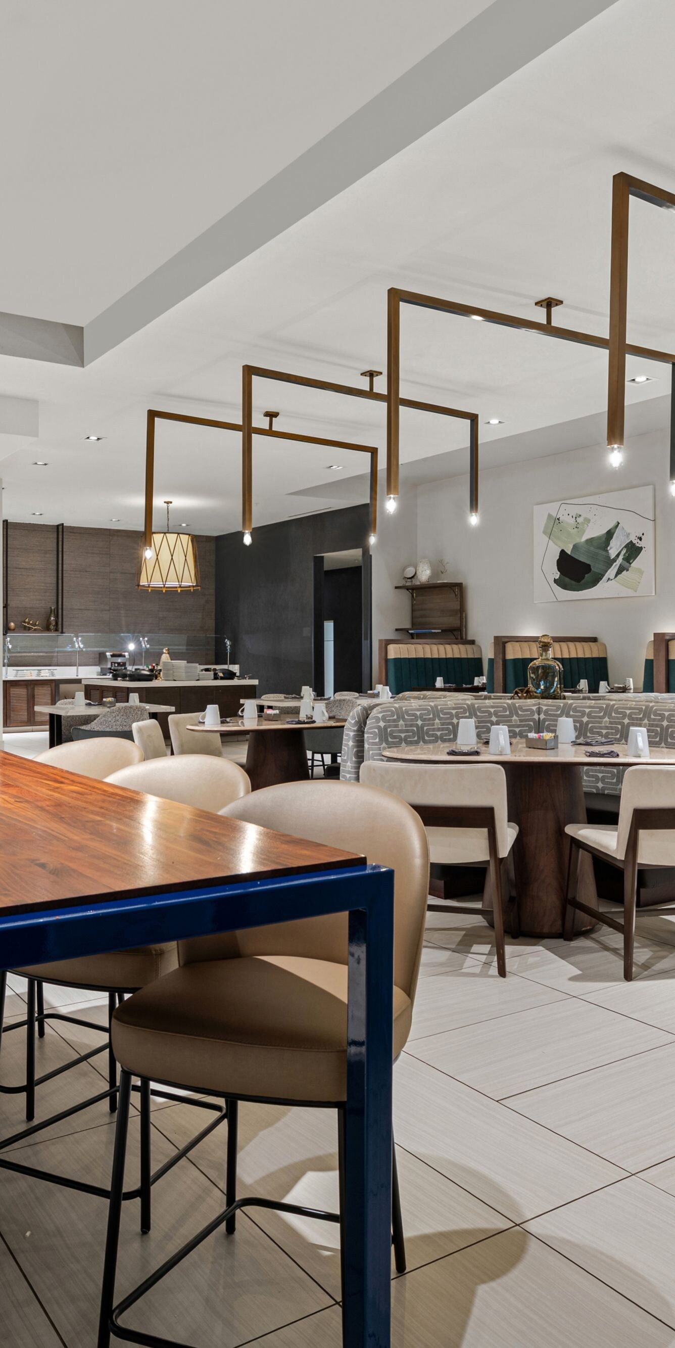 Restaurant dining room with communal table