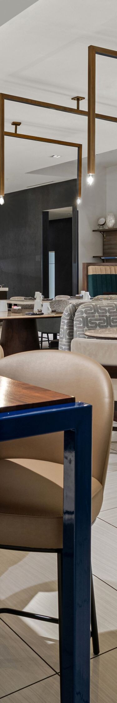 Restaurant dining room with communal table