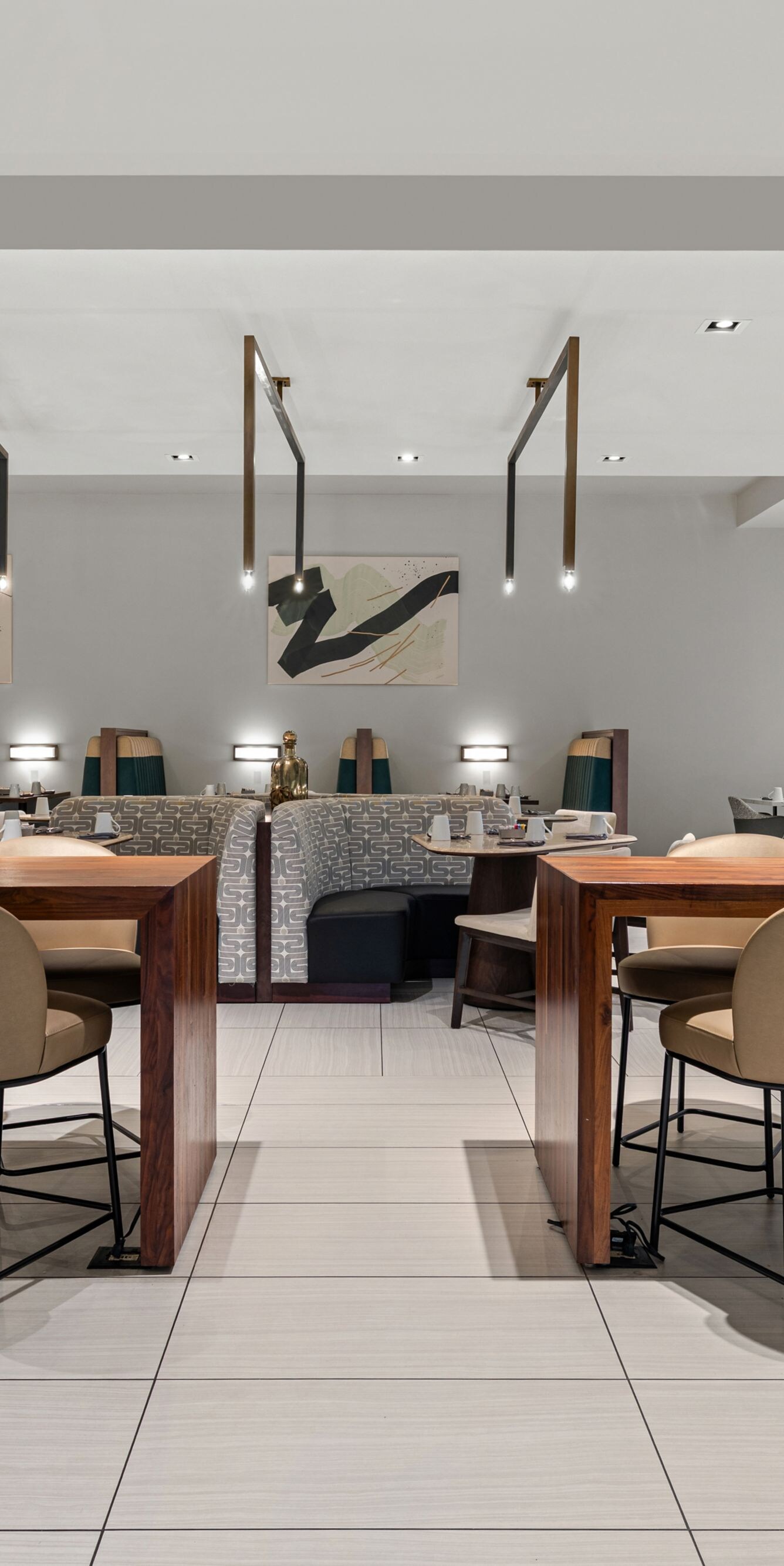 Restaurant dining room with large communal tables