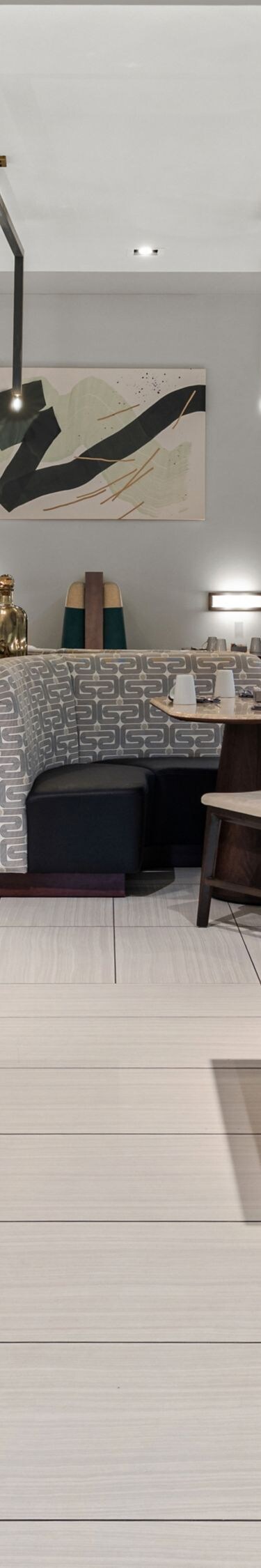 Restaurant dining room with large communal tables