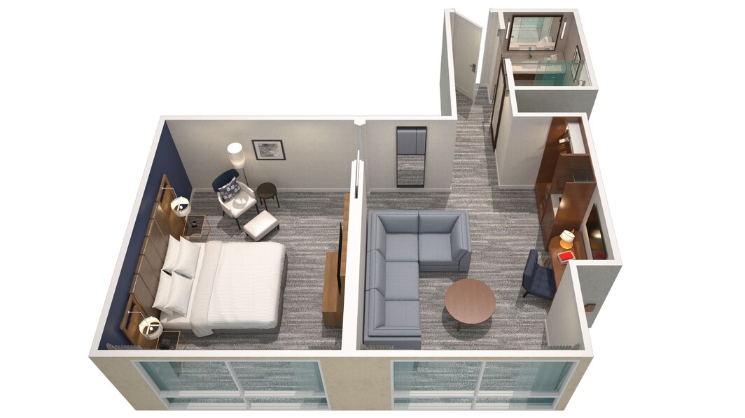 Representación 3D de la suite de un dormitorio con vistas a la ciudad