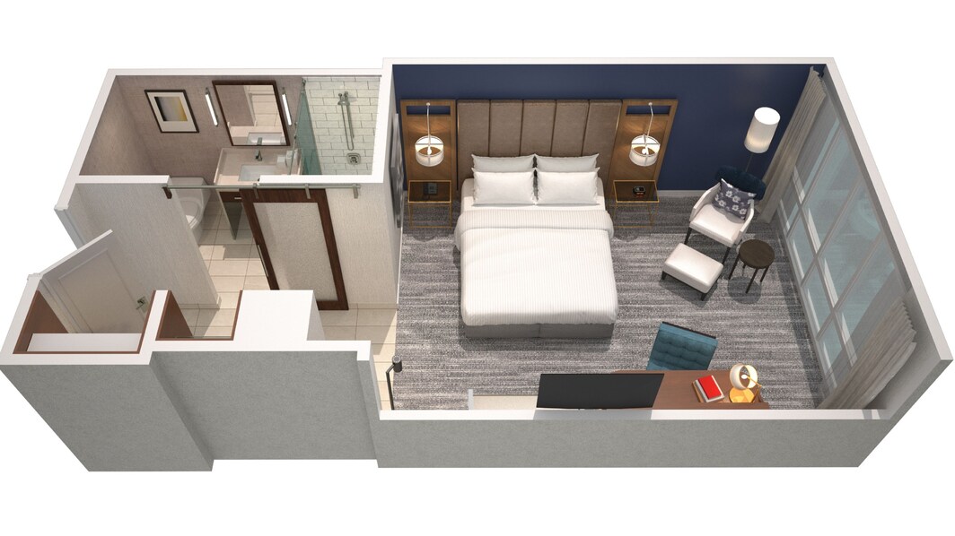 Representación 3D de la habitación con cama tamaño King