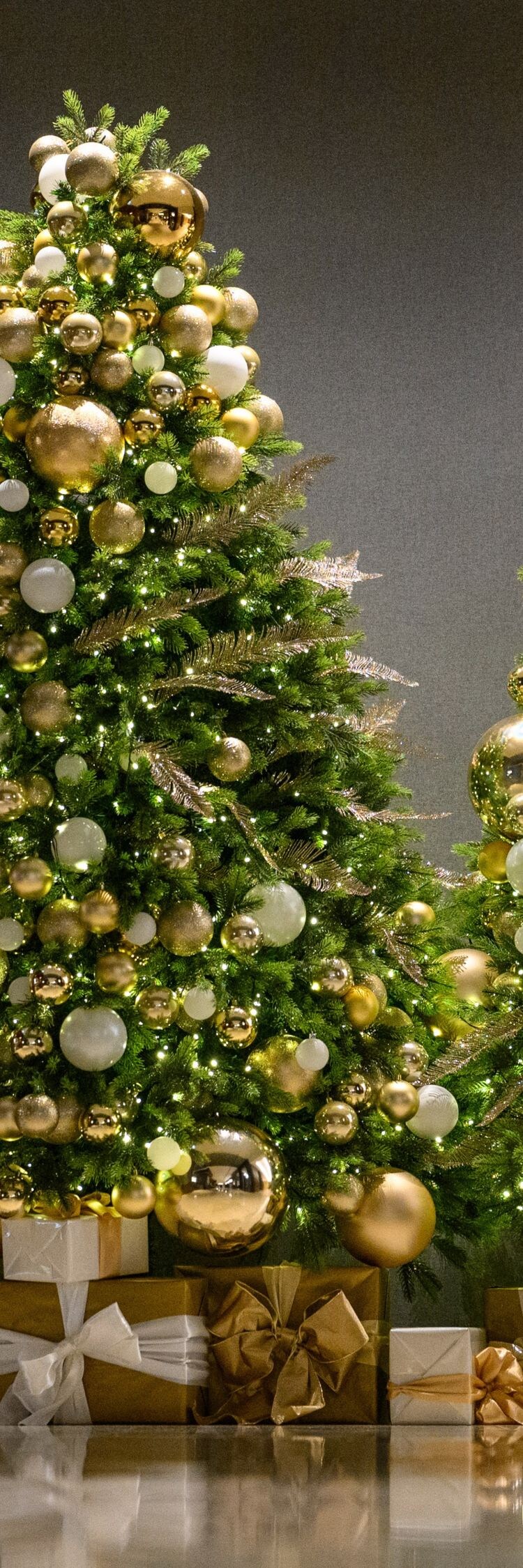 Two Christmas trees with gold and white ornaments