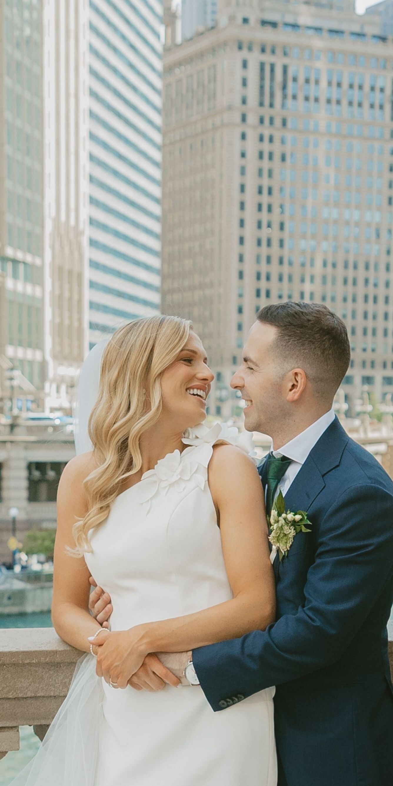 Couple embracing with skyline
