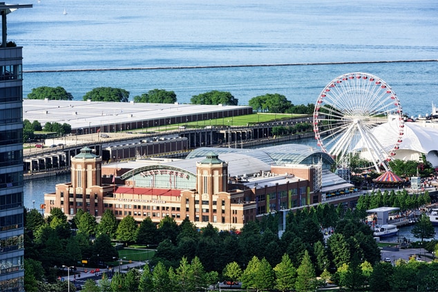 Aerial view of navy pier and museum.