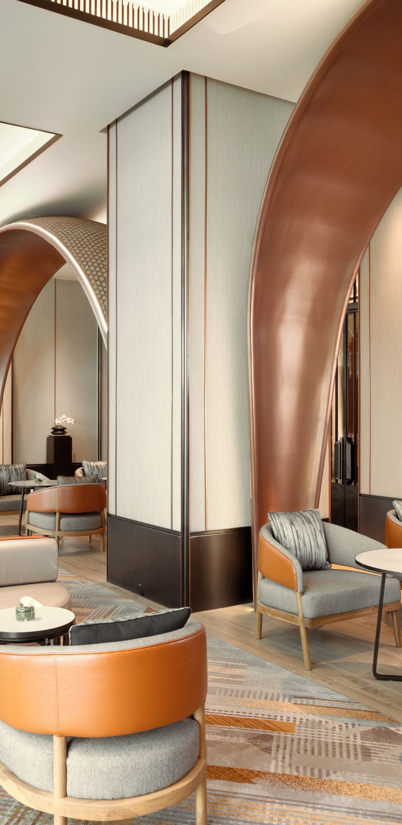 Group Check-in Area with desk, tables and chairs