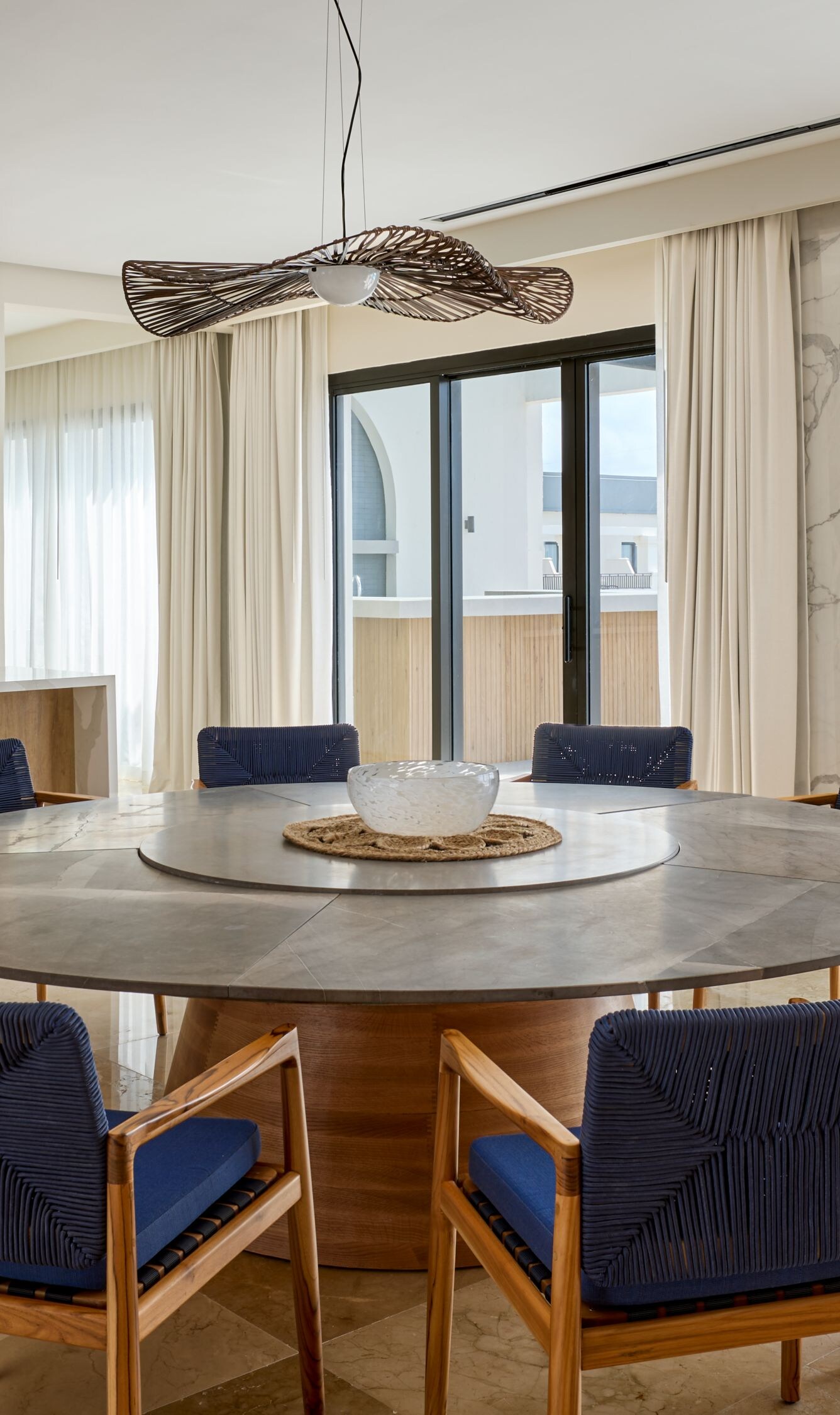 Large dining table, kitchen area