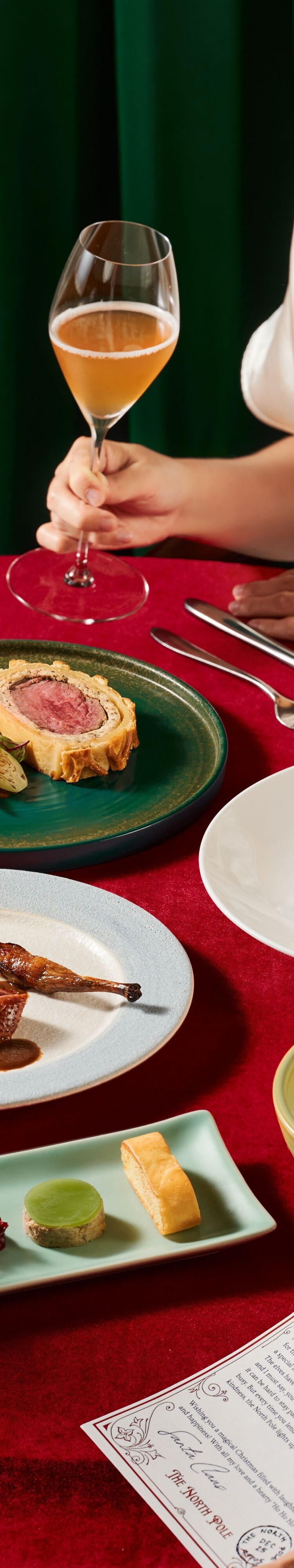 woman, man, festive dishes, red table