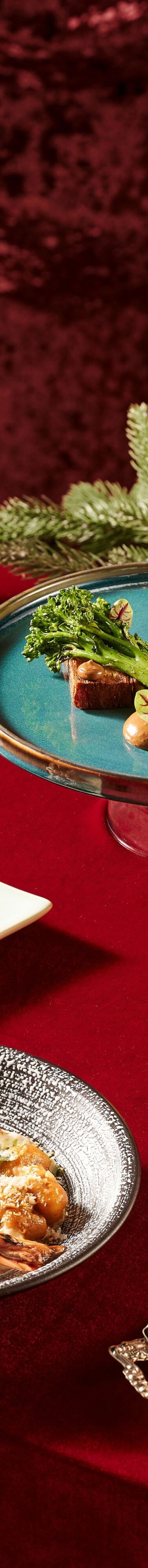 festive dishes, red table, ceramic plates