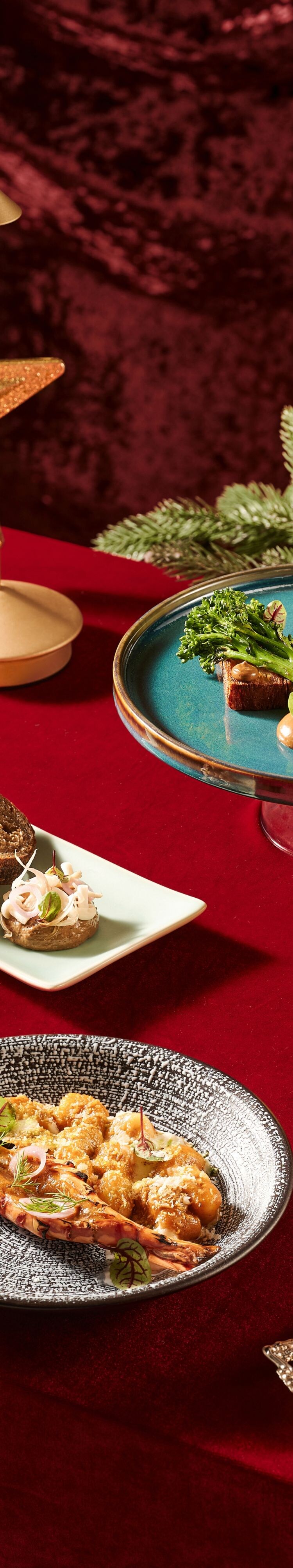 festive dishes, red table, ceramic plates