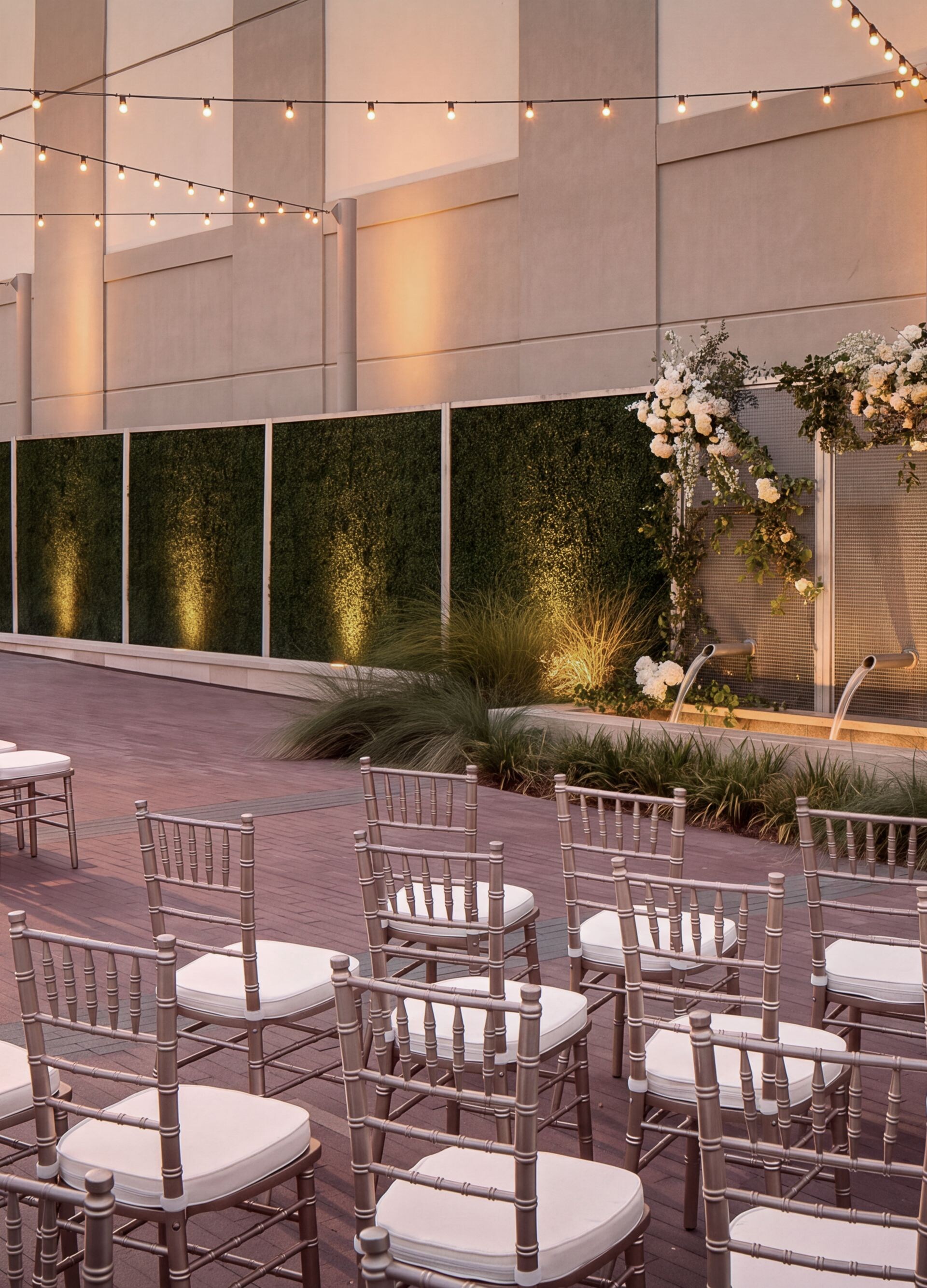 Outdoor terrace with wedding ceremony setup