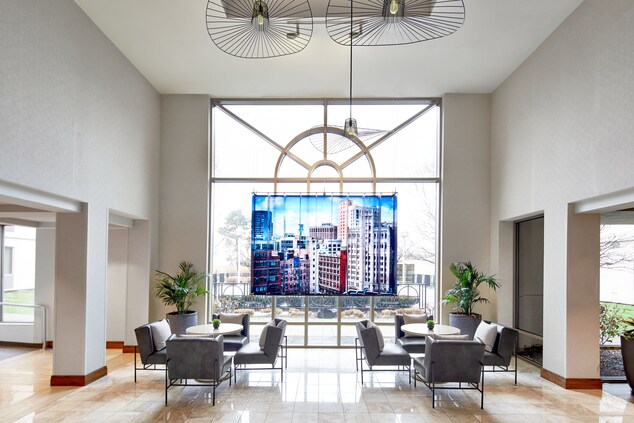 Lobby with high ceilings and painted glass