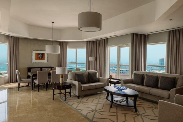 Spacious living area with views of Palm Jumeirah