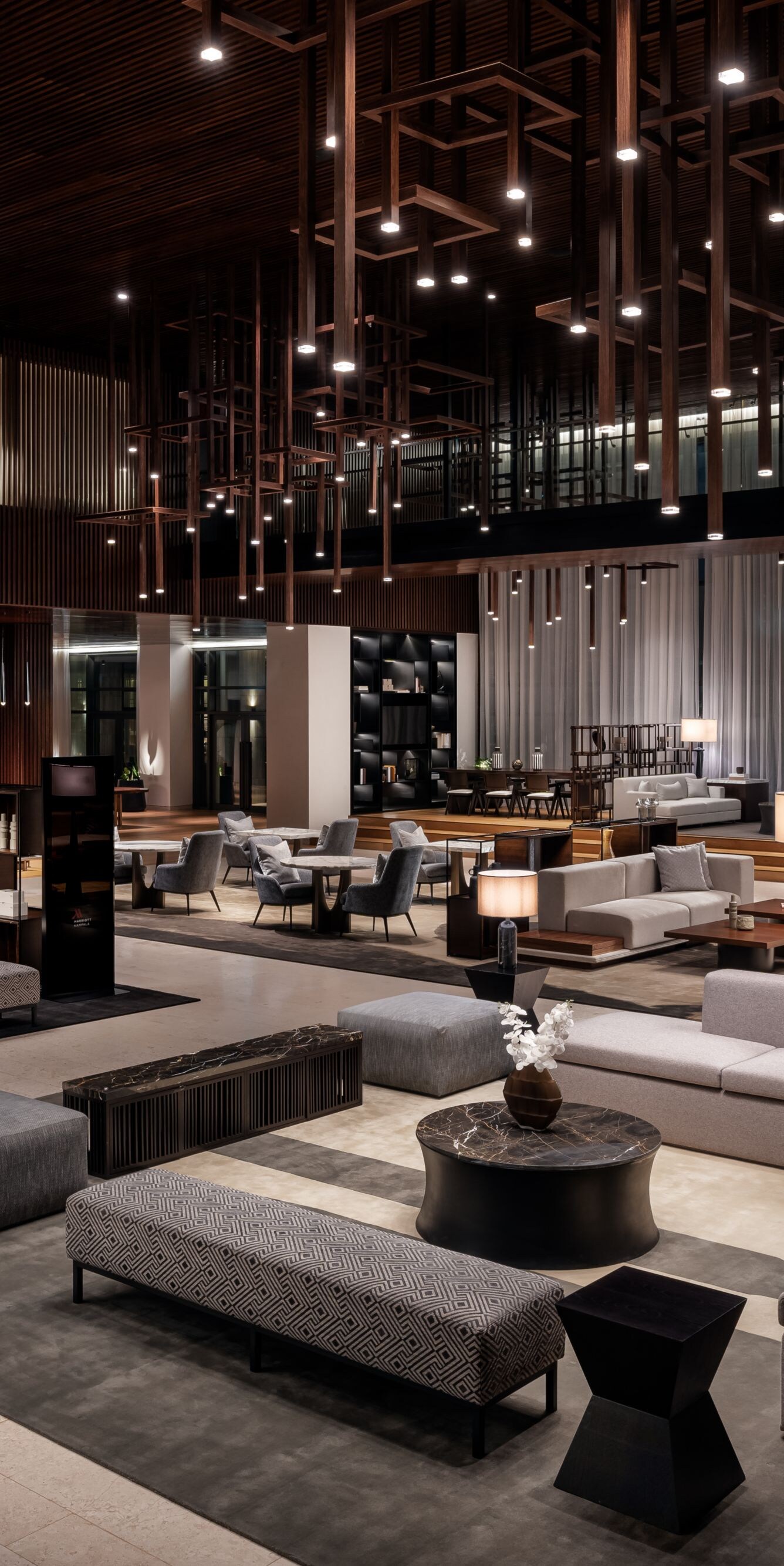 Spacious lobby with modern seating and lights