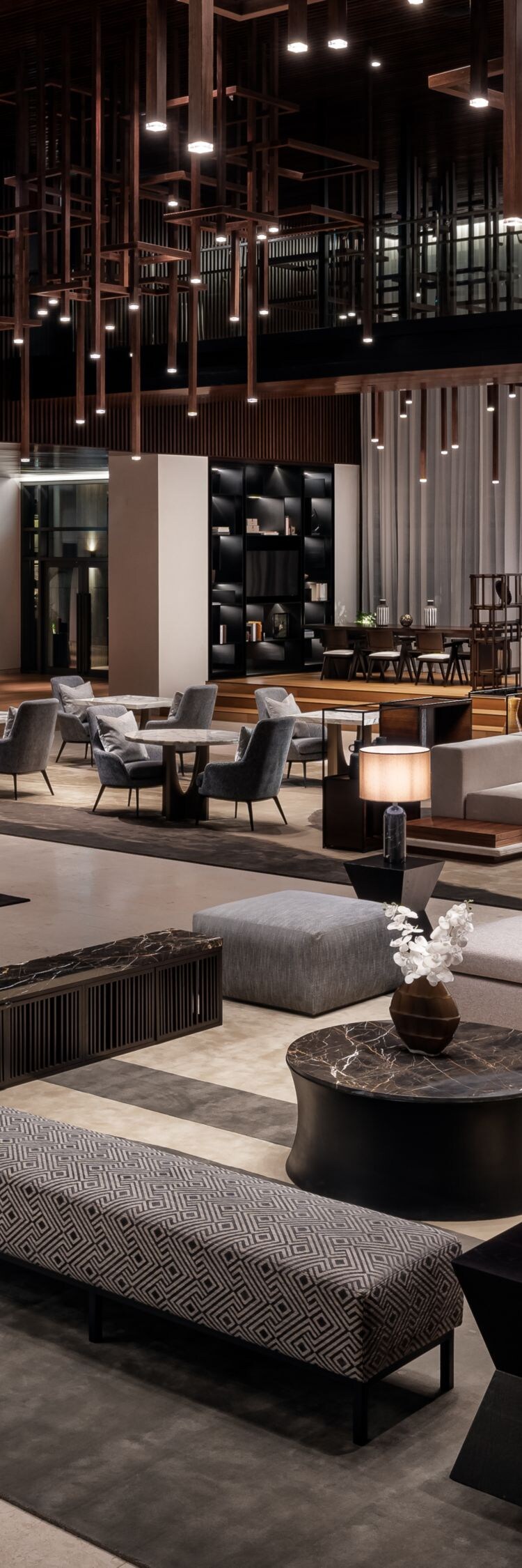 Spacious lobby with modern seating and lights
