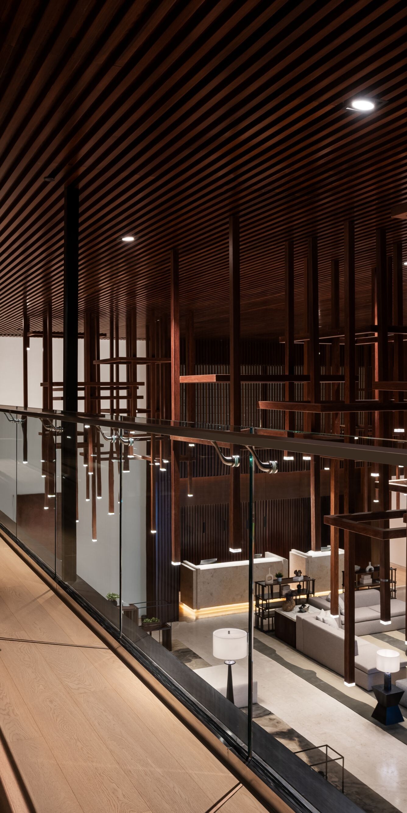 Lobby mezzanine with wood architectural design