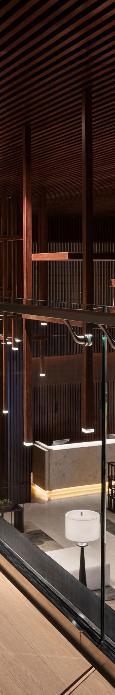 Lobby mezzanine with wood architectural design