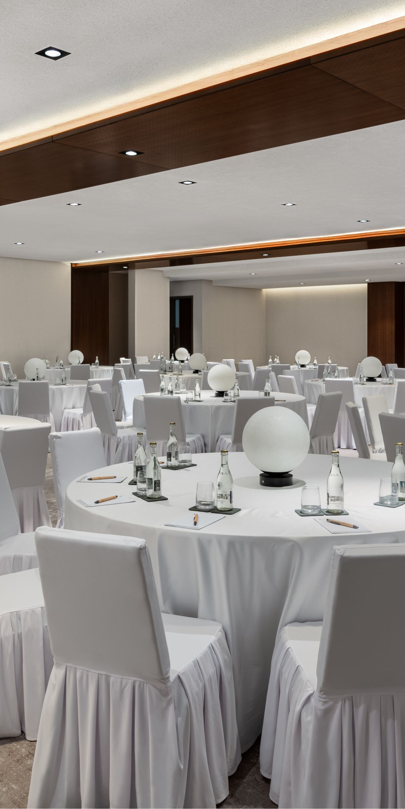 Ballroom with banquet setup and lighting