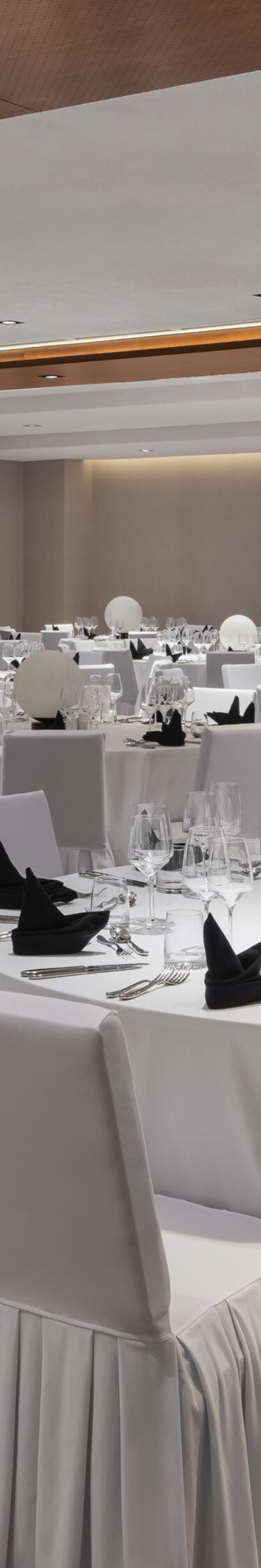 Ballroom with banquet setup and lighting
