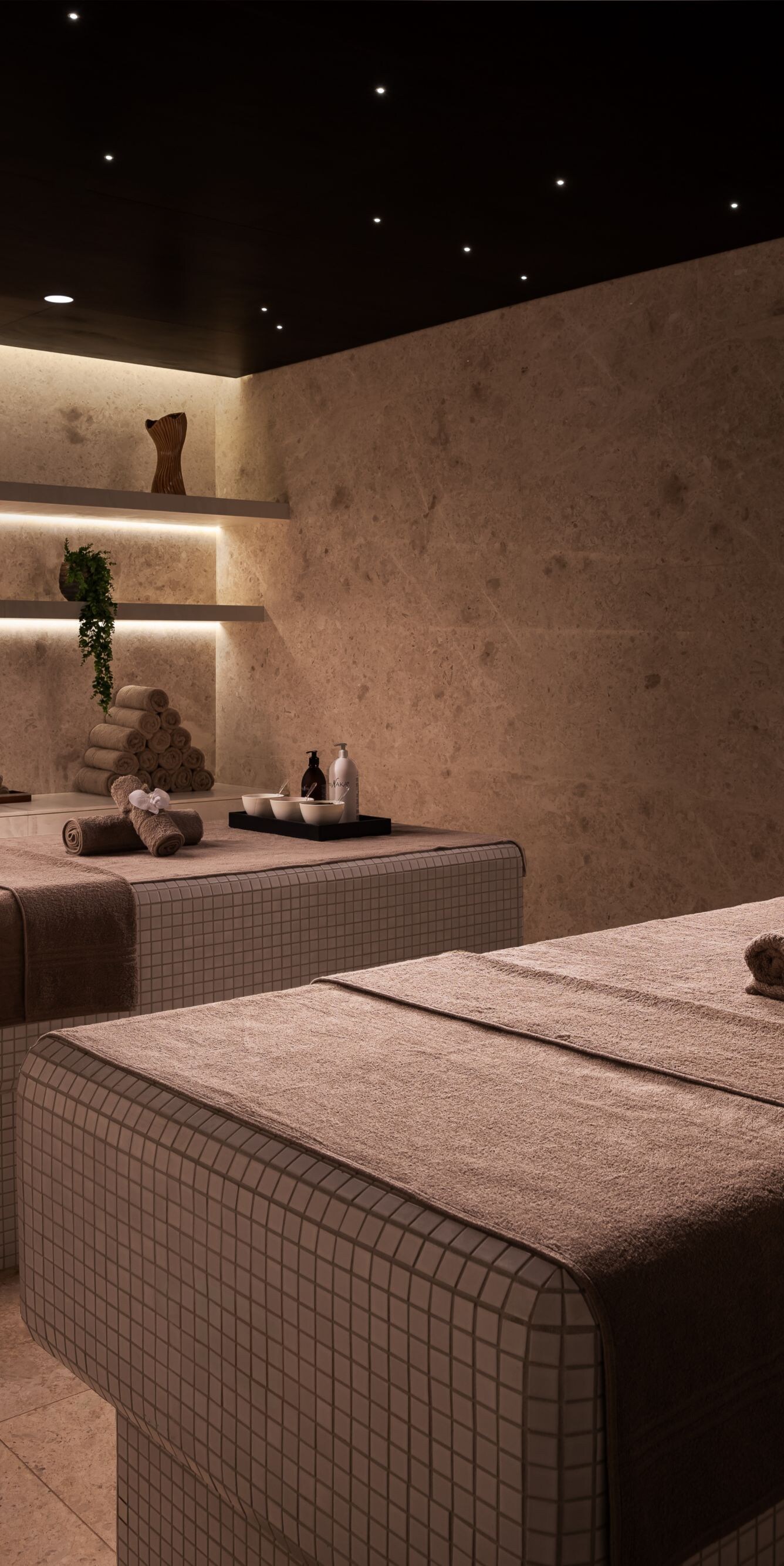 Spa treatment room with two massage tables