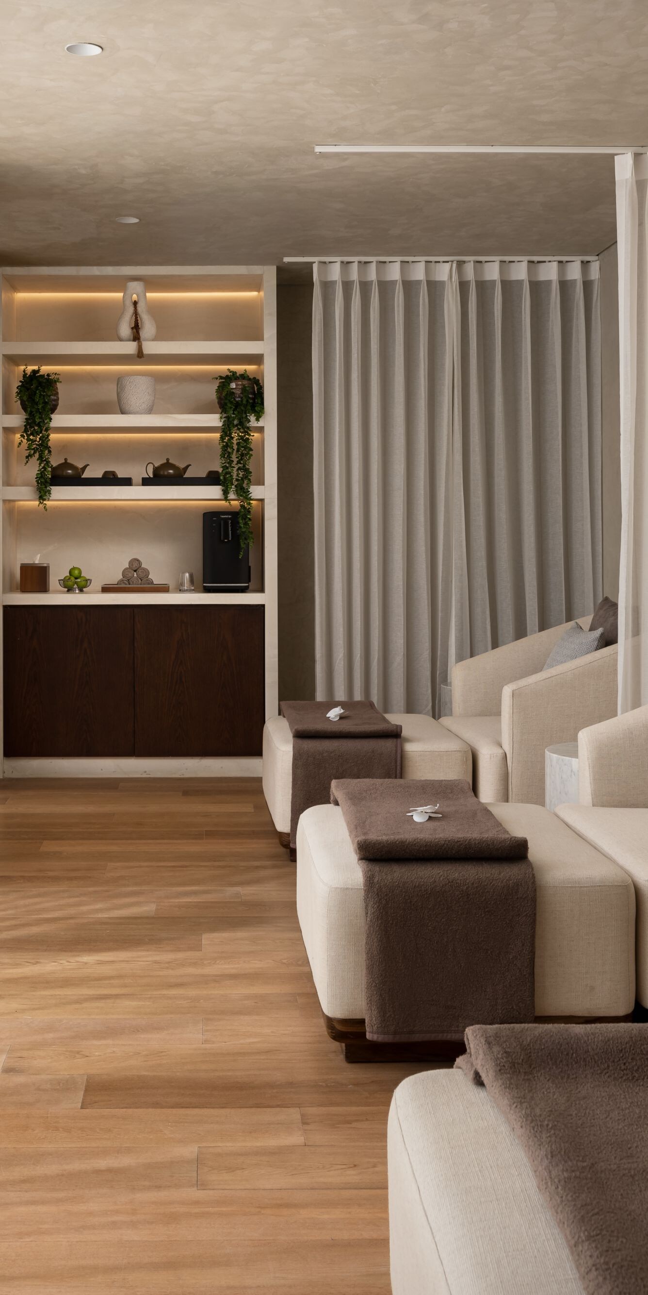 Spa lounge with chairs and tea station