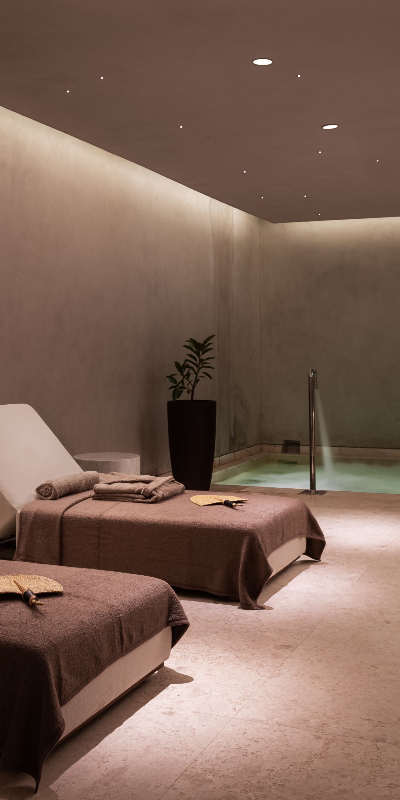 Spa lounge with pool and lounge chairs