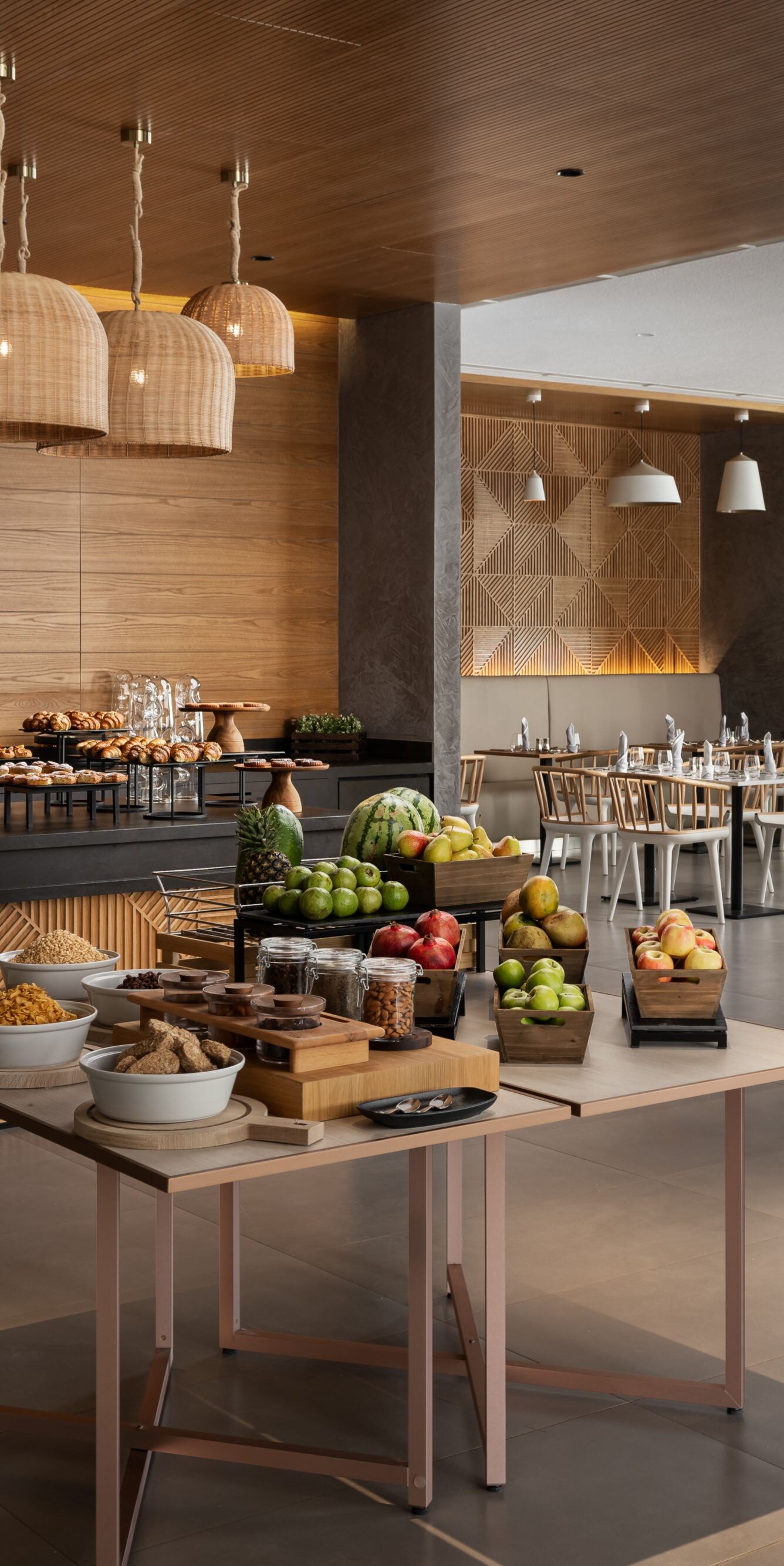 Breakfast buffet with fresh fruit and bread