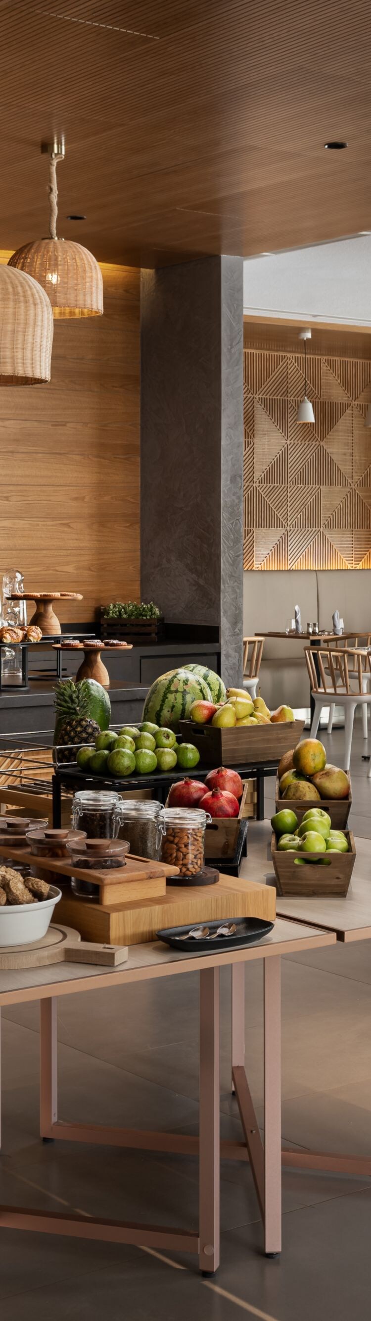 Breakfast buffet with fresh fruit and bread