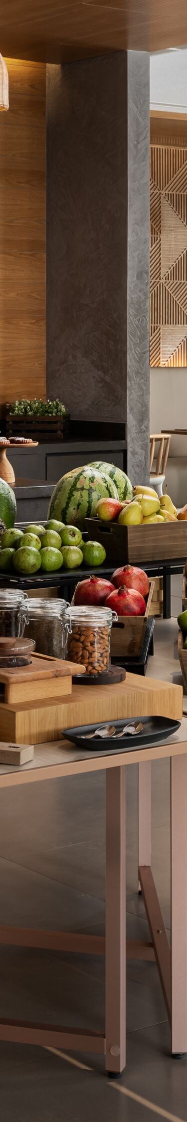 Breakfast buffet with fresh fruit and bread