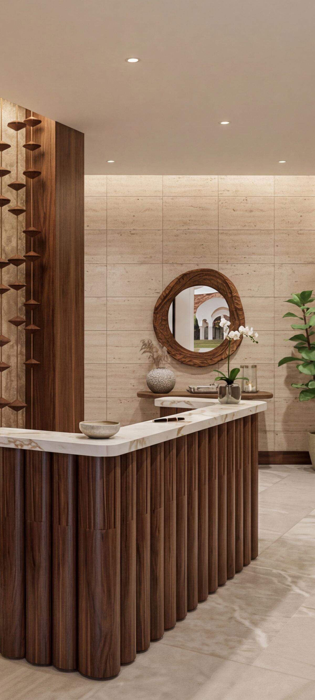 Modern hotel reception with wood accents