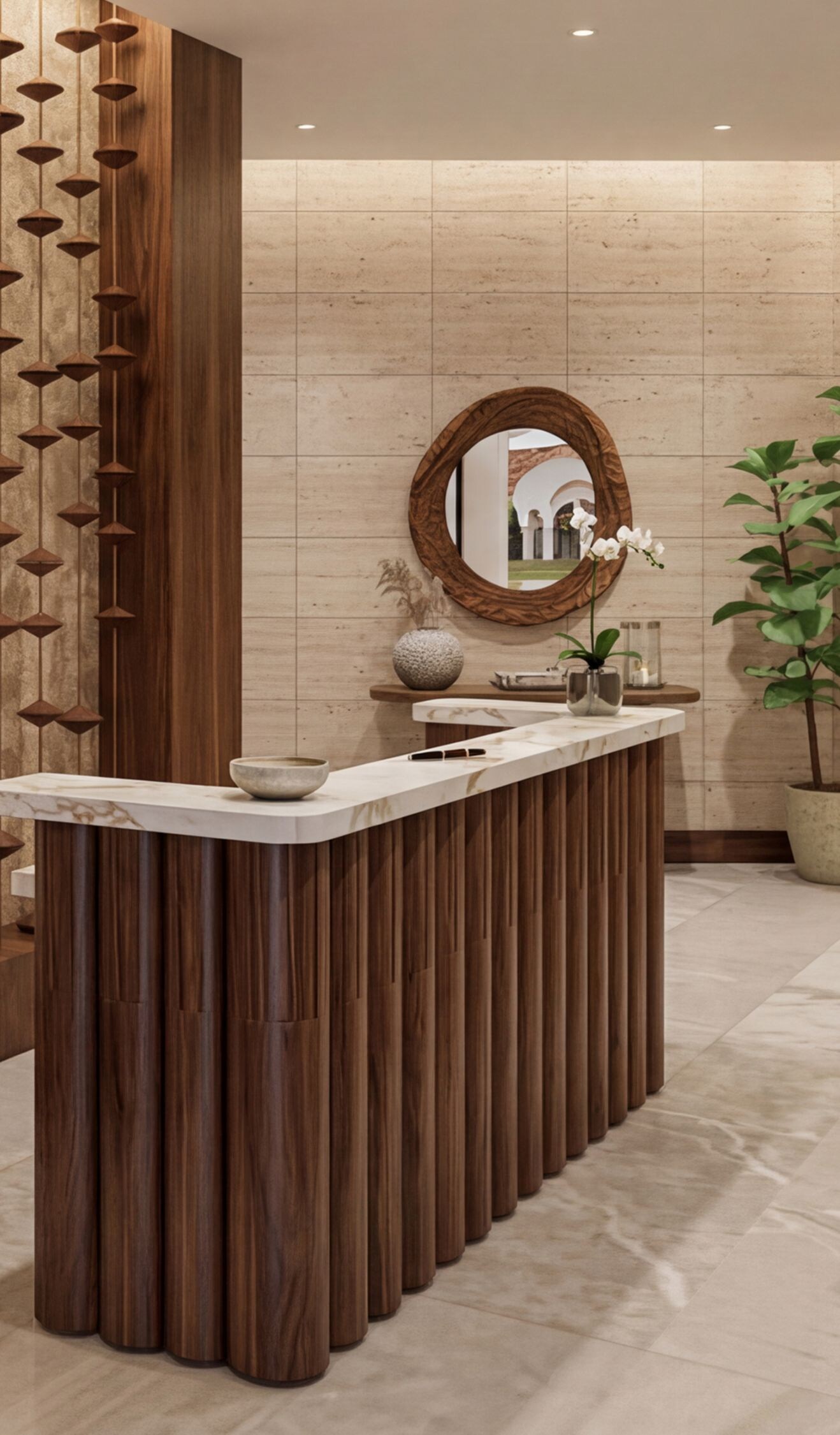 Modern hotel reception with wood accents