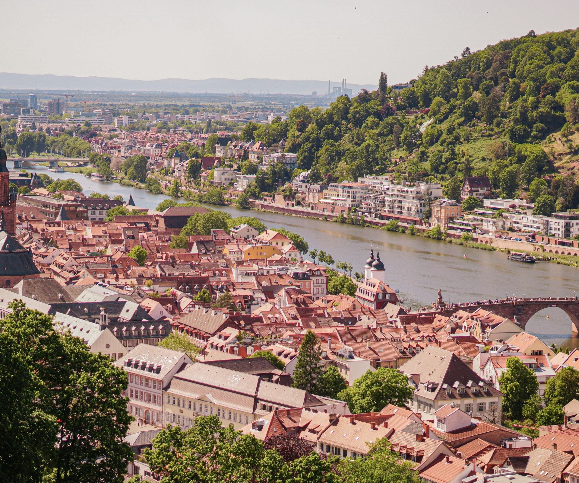 City skyline with river and bridge