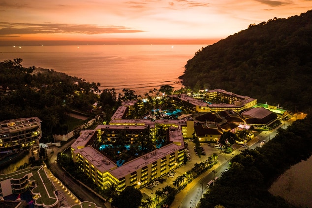 Aerial view of the sunset over the resort