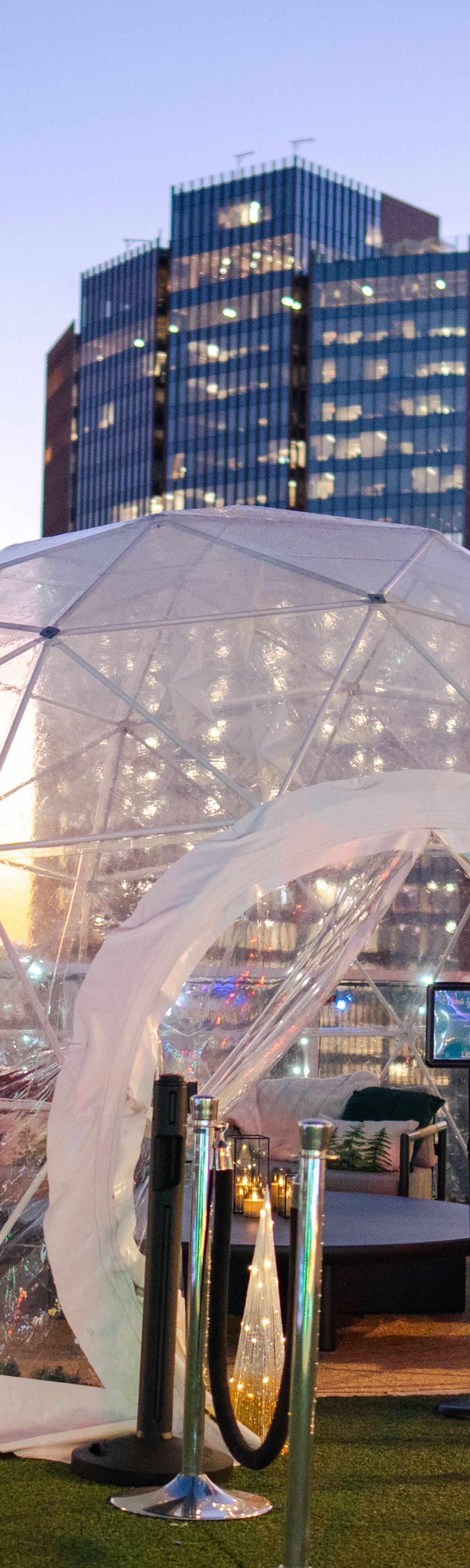 Inflatable igloo with festive decor