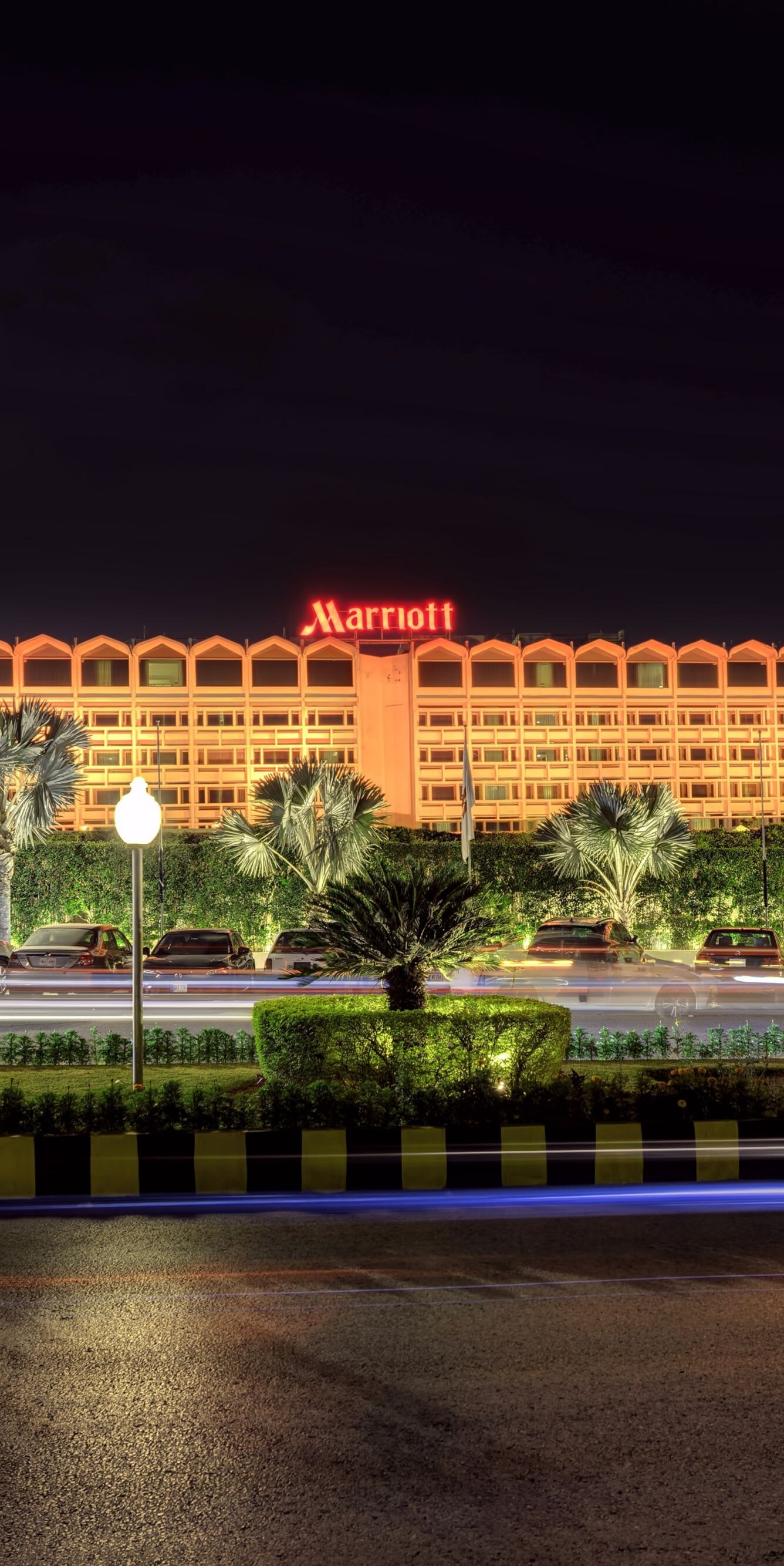 Marriott exterior at night with light trails