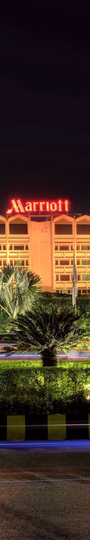 Marriott exterior at night with light trails