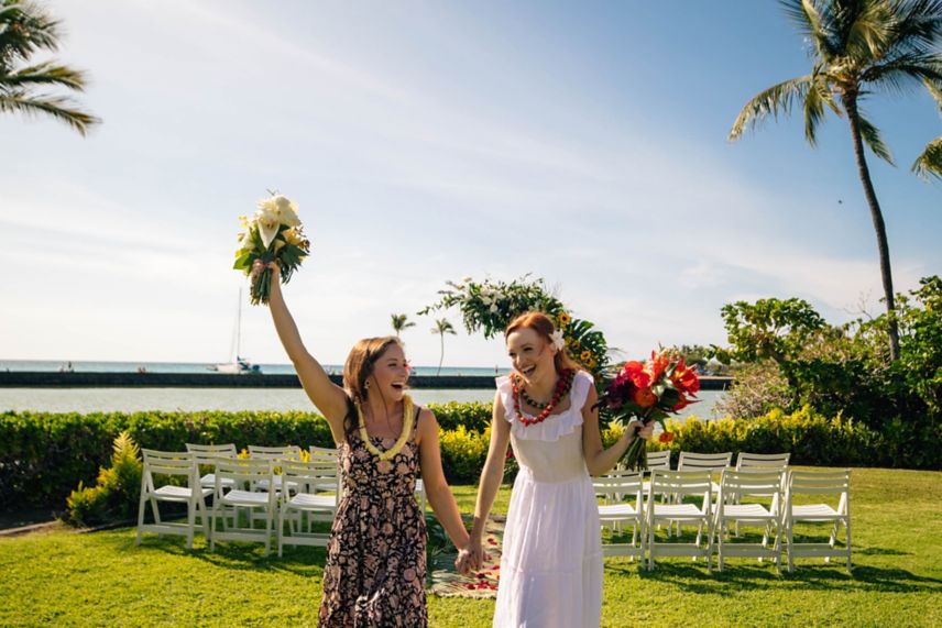 LGBTQ Couple, wedding ceremony, ocean, arch