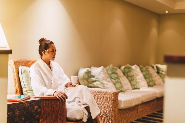 woman waiting for spa services, lounge, robe