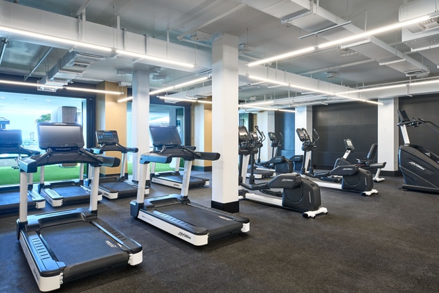 Fitness room filled with treadmills and weights.