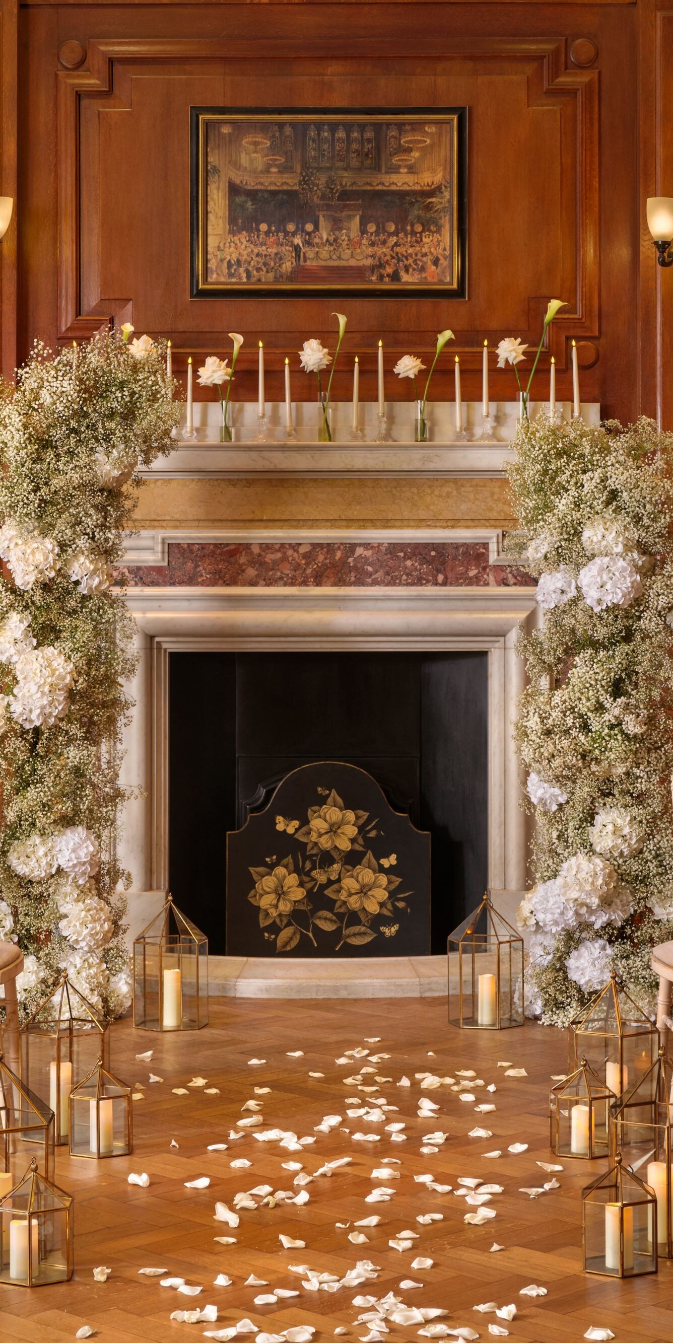 Wedding ceremony setup in ballroom