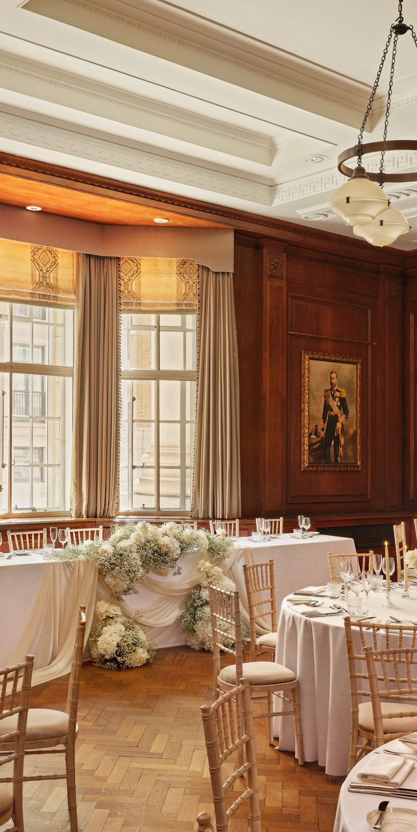 Wedding banquet tables in ballroom