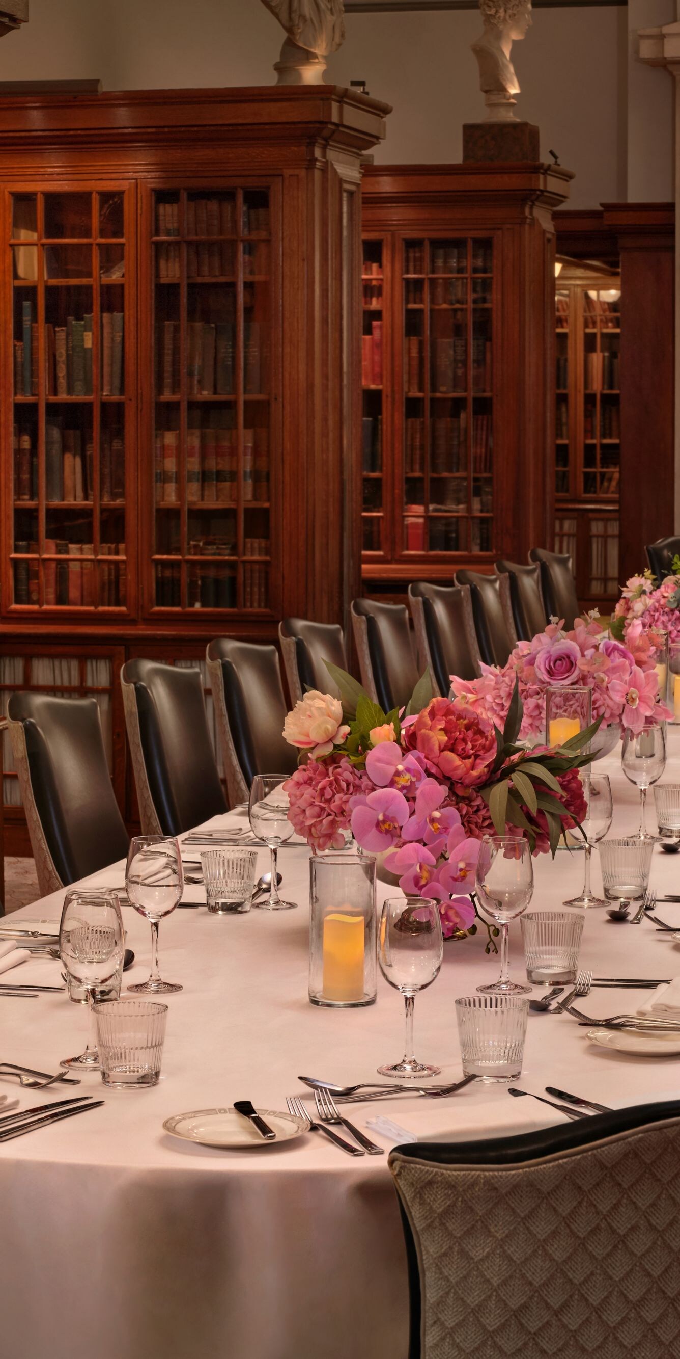 Long banquet table in library venue