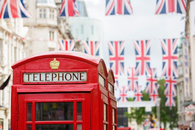 Telephone booth and Union Jack Flags