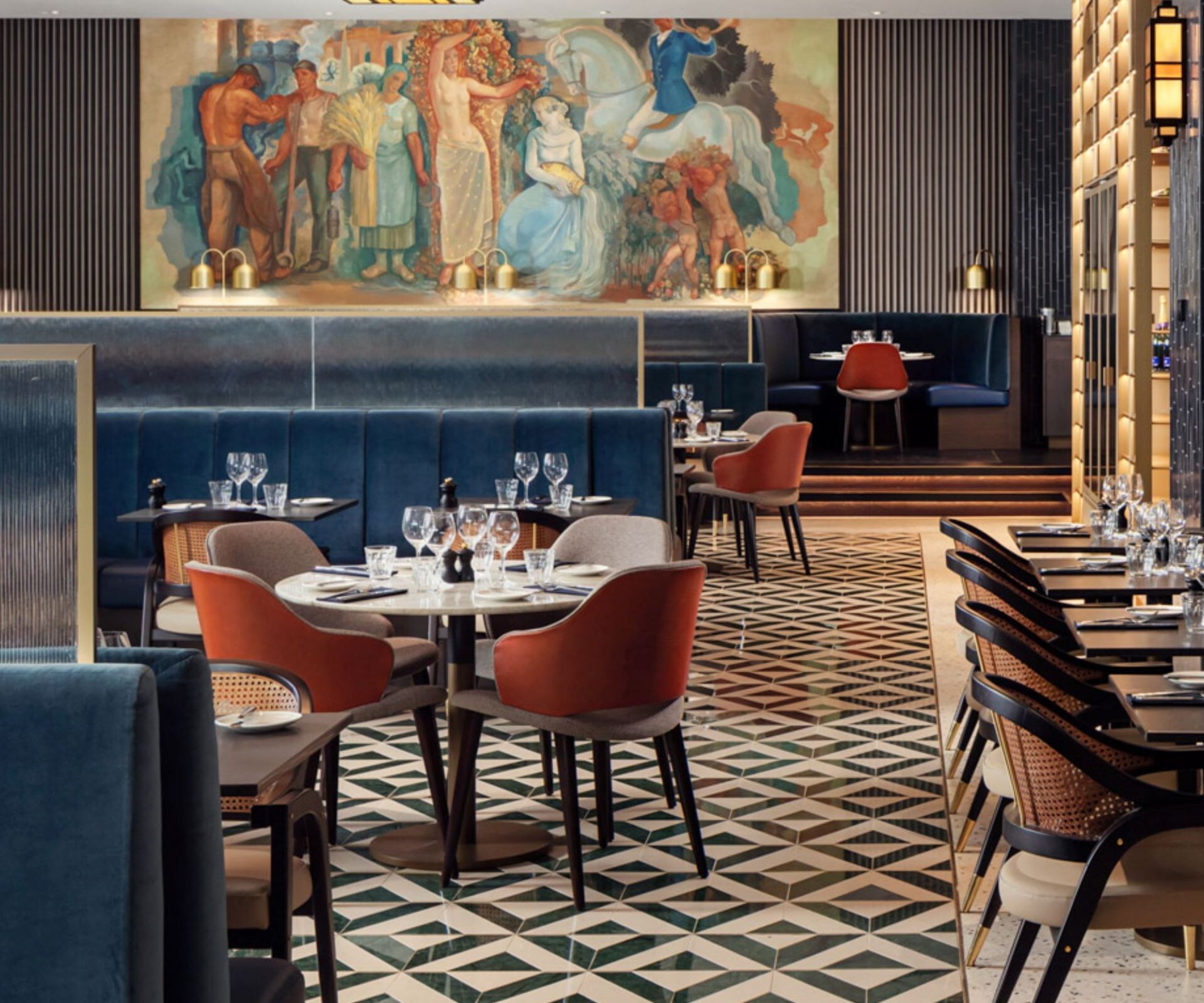 Brasserie Alfa dining area with artwork