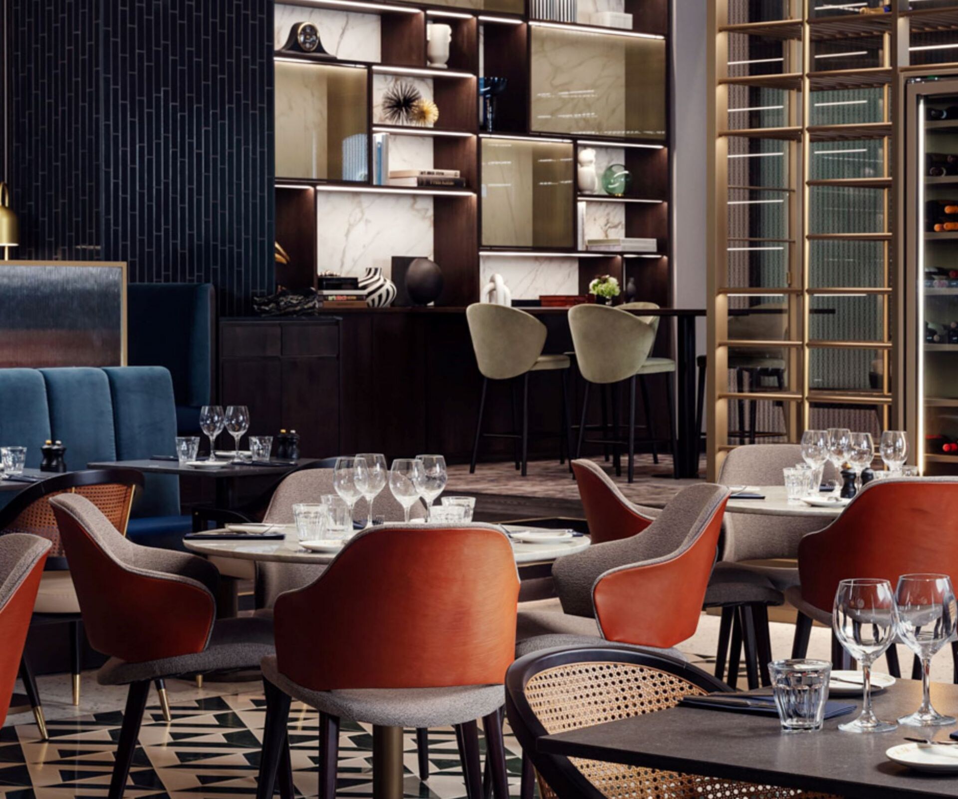 Brasserie Alfa with blue banquettes and chairs