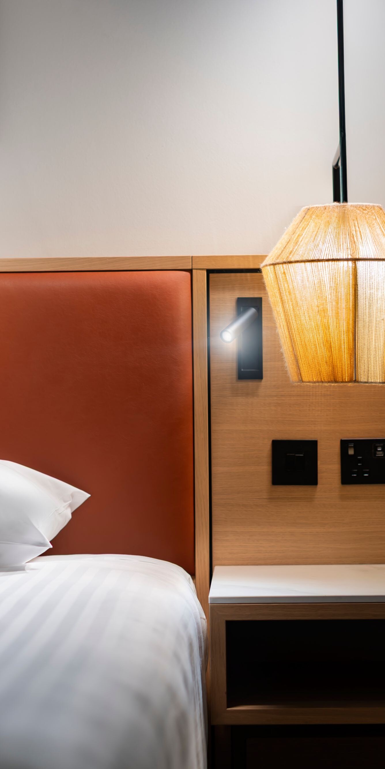 Bedside lamp, controls and open wardrobe