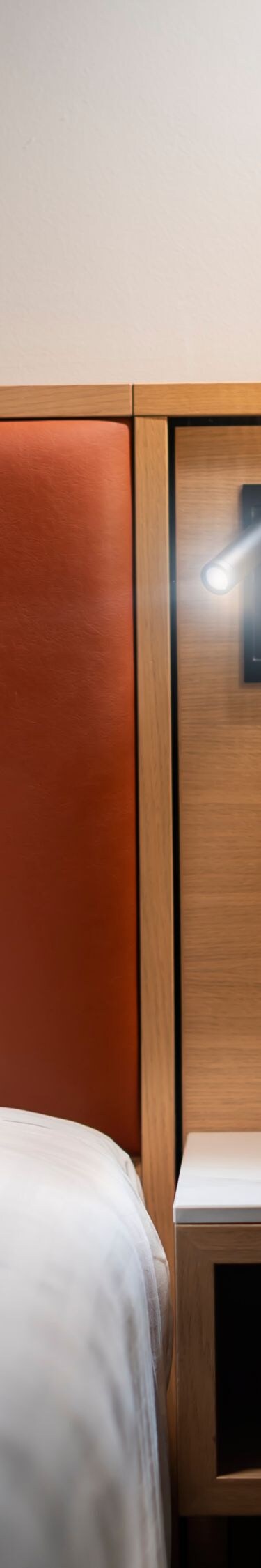Bedside lamp, controls and open wardrobe