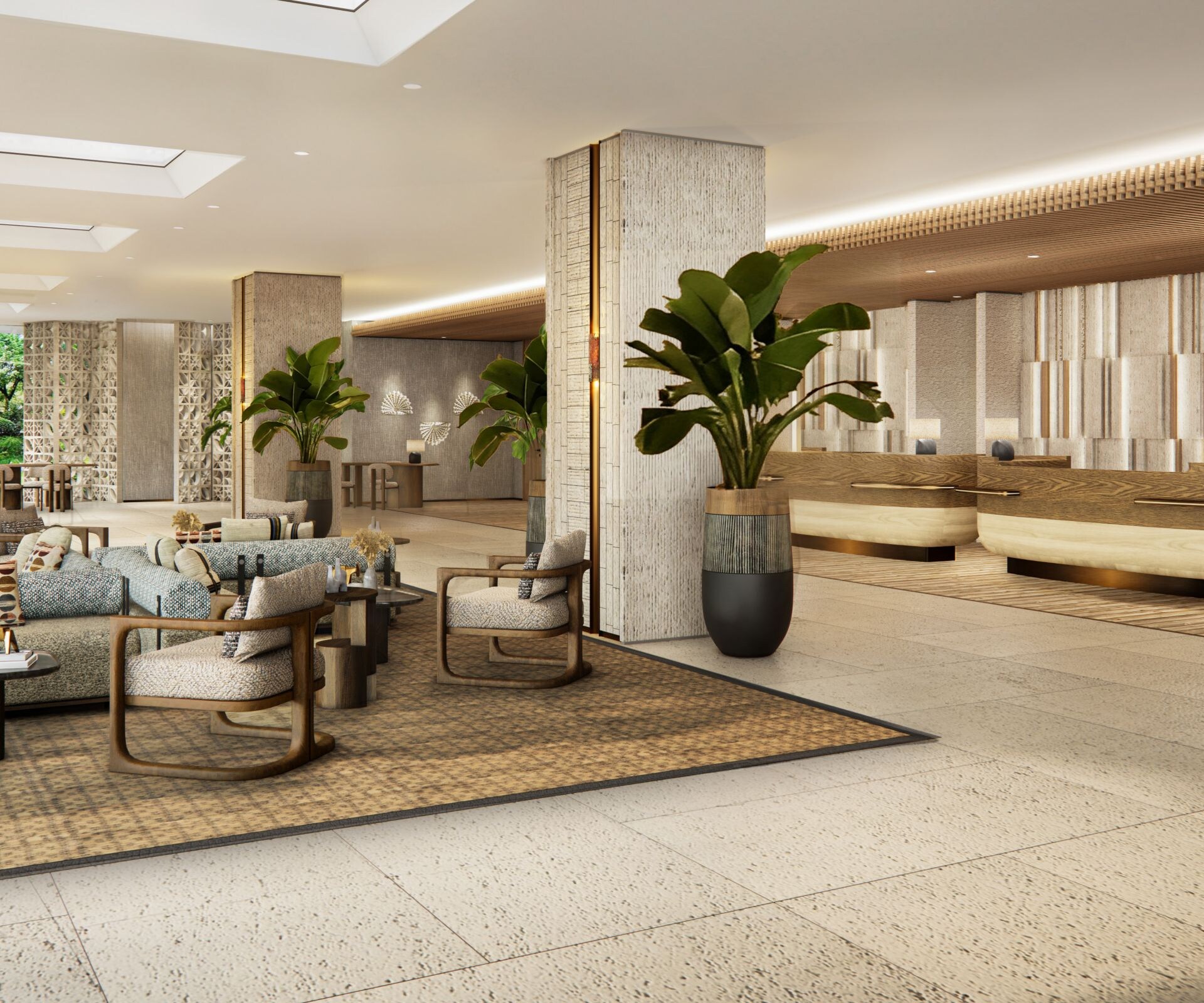 Hotel lobby with seating and reception desks