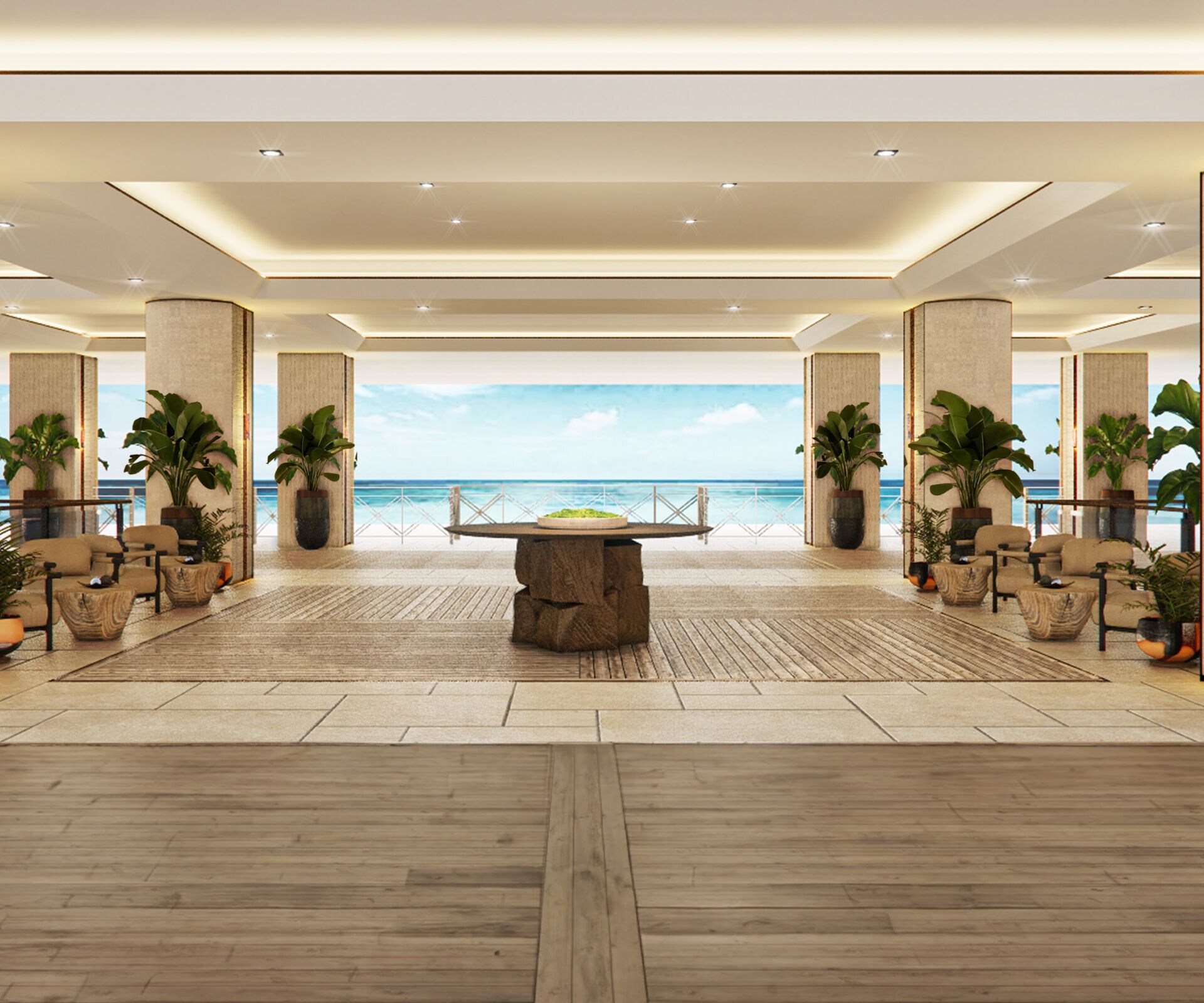 Open-air lobby with ocean view and seating areas